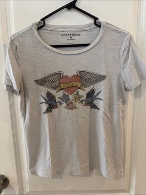 Lucky Brand Gray Graphic Tee with Heart, Banner & Swallows